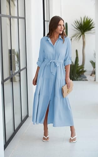 ECOWISH Women's Maxi Shirt Dress - 2024 Long Sleeve Button Casual Fall A-line Work Tiered Dresses with Belt and Pockets Blue Medium - Image 3