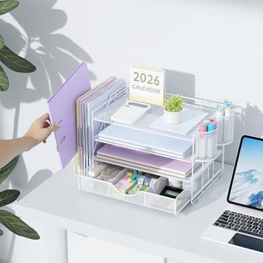 gianotter Desk Organizers and Accessories with File Holder, 4-Tier Desk Accessories & Workspace Organizers with Drawer and 2 Pen Holder, Paper Organizer for Office Supplies (White) - Image 6
