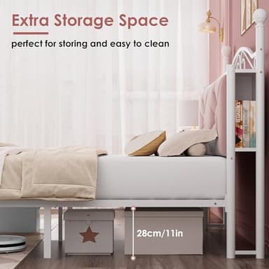 Full Upholstered Canopy Bed Frame with 2 Drawers & Crystal Tufted Storage Headboard Two-Purpose Metal Platform Bed with 4 Removable Posts & Charging Station Pink Princess Bed, Curtain Not Included - Image 5