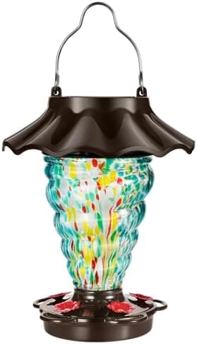 Solar Hummingbird Feeder for Outdoors Hanging, Lighted Lantern with RGB Lights, Hand Blown Glass, 28 fl.oz, Leak Proof & Rustproof, Metal Cover with 5 Feeding Ports, Spiral Shaped, Teal - Image 3