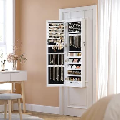 SONGMICS 6 LEDs Mirror Jewelry Cabinet, 47.2-Inch Tall Lockable Wall or Door Mounted Jewelry Armoire Organizer with Mirror, 2 Drawers, 3.9 x 14.6 x 47.2 Inches, White UJJC93W - Image 8