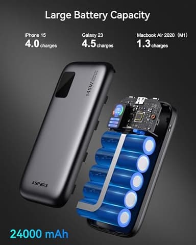 AsperX Laptop Power Bank,24,000mAh 145W PD 3.1 Fast Charging Portable Charger, TFT Smart Display USB C Battery Pack(86.4Wh) for MacBook/iPhone 17/Dell XPS/Galaxy S25/Steam Deck/ipad (Flight-Approved) - Image 7