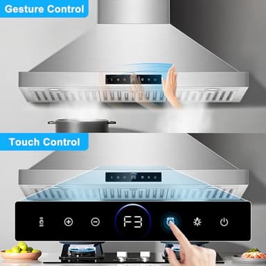 36 inch Wall Mount Range Hood, 1200 CFM with 4-Speed Gesture Sensing & Touch Control, Stainless Steel Kitchen Stove Vent Hoods with 2 LED Lights, Time Setting, Dishwasher-Safe Baffle Filters - Image 2