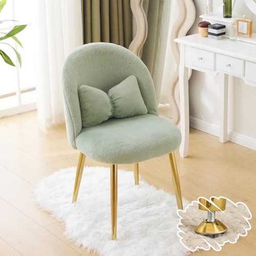 VINGLI Fluffy Girls Vanity Chair with Back & Pillow,Cute Small Cozy Desk Chair No Wheels,Comfy Makeup Ch with Ajustable Gold Legs,for Bedroom,Living Room,Small Space,Green - Image 1