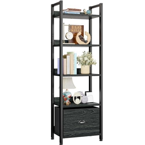 Furologee 5 Tier Bookshelf with Drawer, Kitchen Bakers Rack with Storage, Tall Narrow Bookcase, Industrial Free Standing Display Shelf, Wood and Metal Book Shelf for Bedroom, Living Room, Black - Image 1