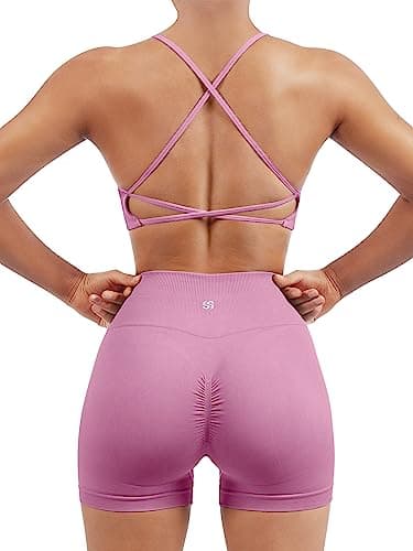 SUUKSESS Women Seamless 2 piece Workout Sets Strappy Padded Sports Bra Booty High Waisted Shorts Outfits (Light Pink,S) - Image 1