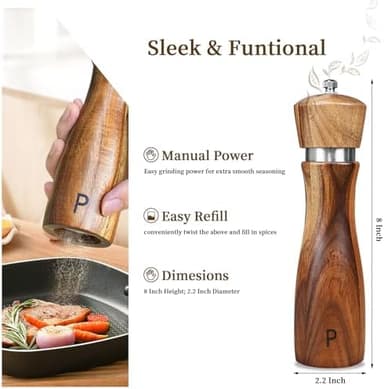 2 Pack Acacia Wood Salt and Pepper Grinder Set, Wooden Salt and Pepper Mill Set Salt and Pepper Shaker Tableware Birthday Gifts Ceramic Core-8 Inch - Image 2