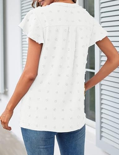 MEROKEETY Women Summer V Neck Ruffle Short Sleeve Blouse Swiss Dot Flowy Shirt Tunic Top White Large - Image 4