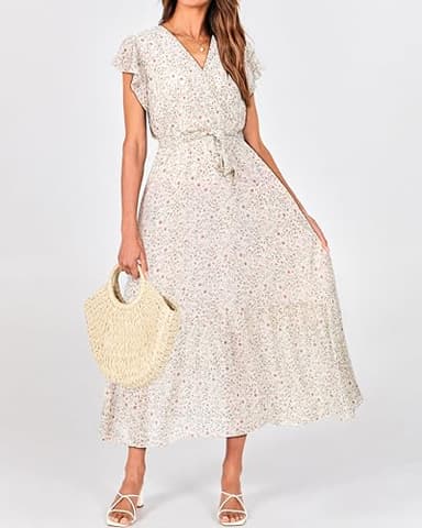 BTFBM Women Summer Bohemian Floral Casual Wrap V Neck Ruffle Cap Sleeveless Belt A-Line Pleated Hem Swing Midi Sun Dress (Floral Apricot, X-Large) - Image 3