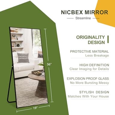 NicBex Full Length Mirror with Stand, 56"x19" Aluminum Alloy Frame Floor Mirror, Black, Shatter-Proof Glass - Free Standing, Leaning Against Wall or Wall-Mounted, for Bedroom Living Room Dressing Room - Image 2