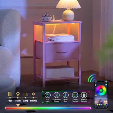 Yoobure Pink Night Stand with Charging Station, LED Nightstand for Bedroom, Bedside Tables with Adjustable Fabric Drawer, 3-Tier End Table Living Room, Small Side Table with Storage - Image 6