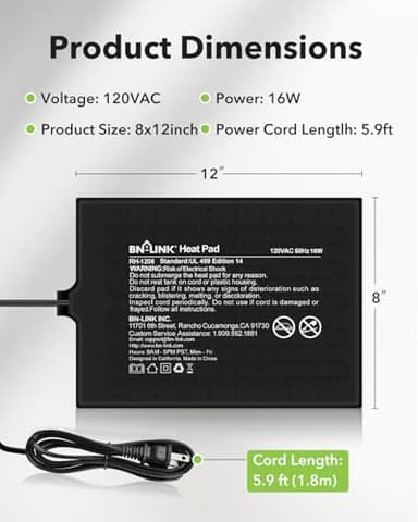 BN-LINK Reptile Heat Pad 8"X12" 16W for 30-40gal Under Tank Terrarium Heating Mat Waterproof for Turtle, Lizard, Frogs, Snake, Hermit Crab - Image 4