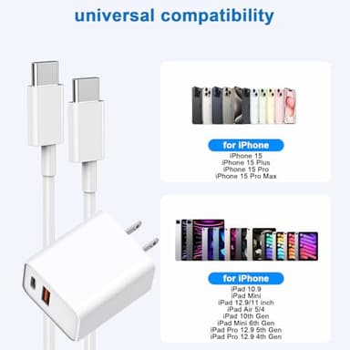 10FT iPhone 17/16e Fast Charger,2Pack 20W Dual Port USB C+A Power Adapter 10Foot Long USB C to C Fast Charging Cable Cord Quick Charging for iPhone 17 Air/17 Pro/17 Pro Max/16/16 Pro/15/15 Pro/Pro Max - Image 7