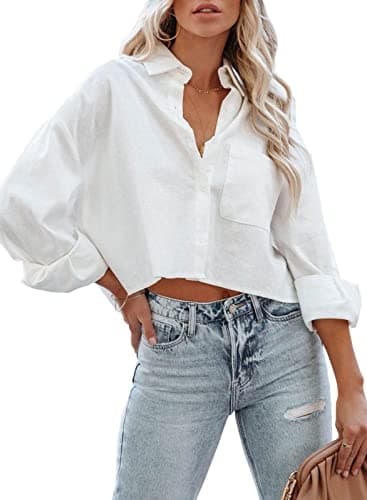 Tankaneo Womens Button Down Cropped Shirts Long Sleeve Casual Crop Tops Solid Lapel Blouse Shirt with Chest Pocket - Image 2