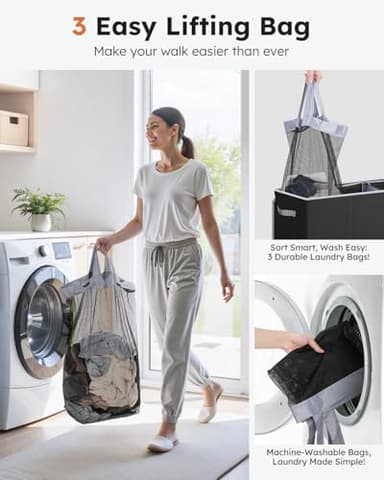 SOLEDI 180L Laundry Hamper 3 Section, Extra Large Laundry Hamper with Lid, Dirty Clothes Hamper with Sturdy Handle, Large Laundry Basket Organizer for Laundry Room, Bedroom, Hampers for Laundry - Image 5