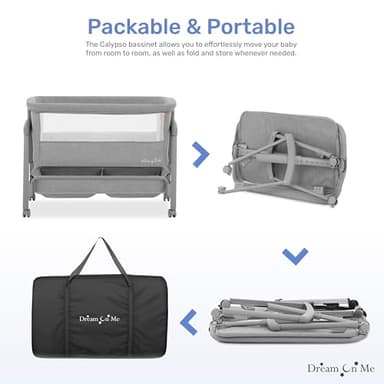 Dream On Me Calypso Portable Bassinet with Wheels in Grey, Quick & Easy Folding, Seven Adjustable Height, Machine Washable Fabric, Portable and Packable Bedside Bassinet - Image 6