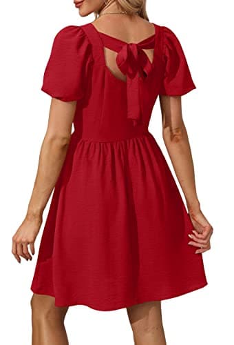 OFEEFAN Casual Summer Dresses for Women Puff Sleeve Zipper Side Square Neck Dress with Tie Bow Red L - Image 5