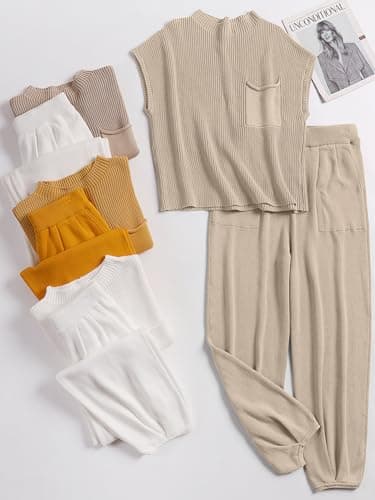 ANRABESS Women's Two Piece Outfits Knit Sweater Vest Crop Top Pants Lounge Matching Tracksuit Sweatsuit Travel Clothes Sets Khaki Small - Image 8