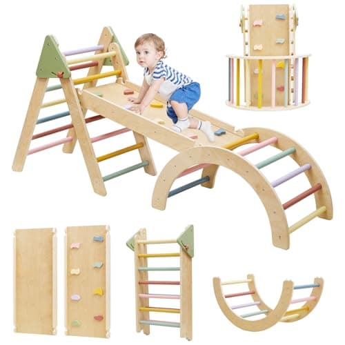 Pikler Triangle Set 7 in 1 Wooden Climbing Toys for Toddlers 1-3 Inside Baby Climbing Gym Montessori Foldable Climbing Set Baby Jungle Gym Indoor Philosophy Climber with Arch & Ramp & Ladder Climber - Image 1