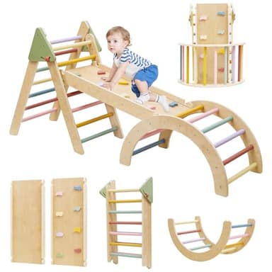 Pikler Triangle Set 7 in 1 Wooden Climbing Toys for Toddlers 1-3 Inside Baby Climbing Gym Montessori Foldable Climbing Set Baby Jungle Gym Indoor Philosophy Climber with Arch & Ramp & Ladder Climber - Image 1