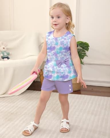 YUEMION Toddler Girl Clothes, 2Pcs Baby Girl Summer Outfits Sleeveless Bow Knot Tank Shirts Tops + Shorts Clothing Sets(Tie-dye pattern + Light purple, 2-3T) - Image 2