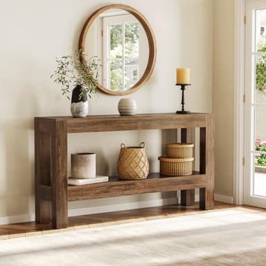 LITTLE TREE 63-Inch Narrow Long Console Table for Living Room, Farmhouse Wood Entryway Table for Hallway, Sofa, Entry, Entrance, Foyer, Behind Couch with 2-Tier Shelves, Brown - Image 5