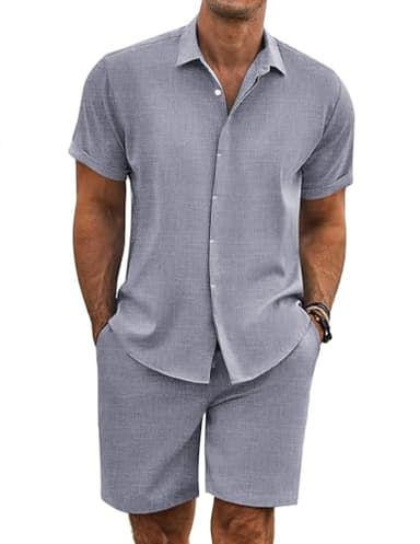 COOFANDY Mens Short Sets 2 piece Outfits Linen Shorts Set for Men Cruise Wear, Dark Blue Grey, XX-Large - Image 1
