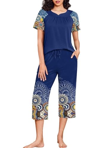 Ekouaer Capri Pajamas Short Sleeve Mumu Pjs Sets 2 Pieces Pleated Top and Capri Pants Sleepwear Loungewear for Women Blue Print Large - Image 1