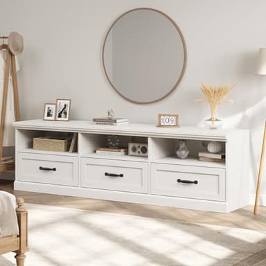 GarveeHome TV Stand for 65/70/75 Inch TV, Entertainment Center with Storage Drawer, Mid-Century Modern TV Console with Open Shelves, 70in Media TV Cabinet for Living Room, Bedroom, Antique White - Image 7