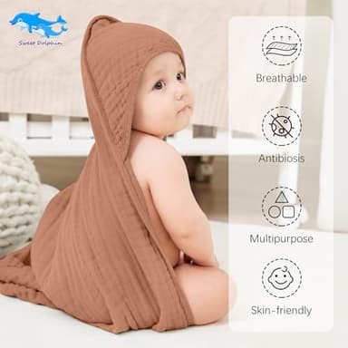 SWEET DOLPHIN Muslin Hooded Baby Bath Towels - 2 Pack 100% Cotton Towel for Babies, Infants, Toddlers - 32x32Inch - Highly Absorbent and Newborn Essential, Light Bean Paste - Image 2