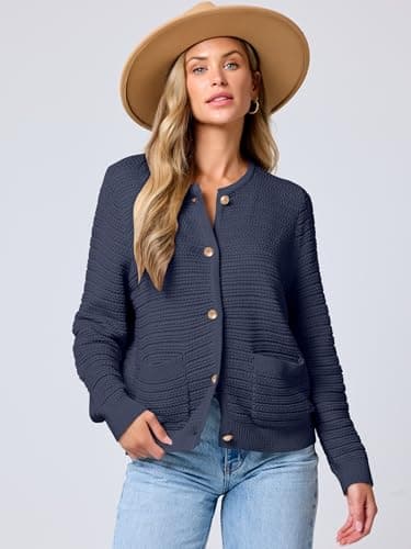 ANRABESS Womens Cardigan Sweater Long Sleeve Button Down Lady Tweed Knit Jackets 2025 Fall Outfits Navy Blue Medium - Image 2