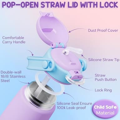 Fimibuke Kids Insulated Water Bottle with Straw Lid & Handle - 14oz BPA FREE 18/8 Stainless Steel Metal Tumbler Leak Proof Double Wall Vacuum Kids Cup Toddler Water Bottle for School Boys Girls - Image 4