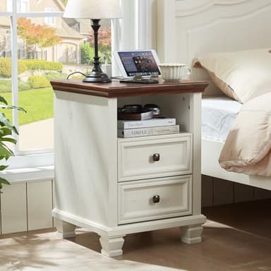 SAVOR LIFE Farmhouse Nightstand Set of 2 with Charging Station, Rustic White Nightstand,2 Drawers End Table for Living Room,Bedside Table with Open Shelf for Bed Room,White - Image 2