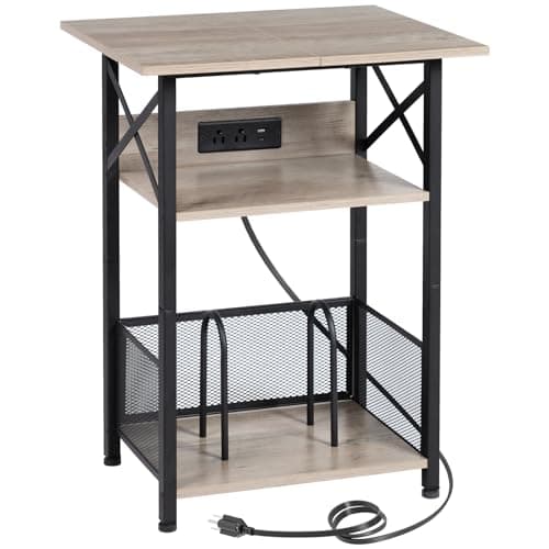 AMHANCIBLE Record Player Stand with Charging Station, Large Turntable with Storage Cabinet holds up to 100 Albums, 3 Tier End Table for Vinyl, Living Room, Grey, HETCD012GY-1 - Image 1