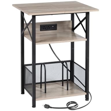 AMHANCIBLE Record Player Stand with Charging Station, Large Turntable with Storage Cabinet holds up to 100 Albums, 3 Tier End Table for Vinyl, Living Room, Grey, HETCD012GY-1 - Image 1