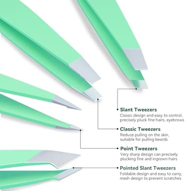 FACEMADE 4 Pack Tweezers Set - Professional Stainless Steel for Men and Women, Precision Eyebrow Tweezers for Facial Hair, Chin, and Ingrown Hair Removal (Green) - Image 3