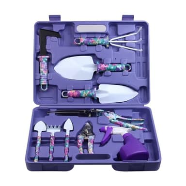 Garden Tools Set, JUMPHIGH 10 Pieces Gardening Tools with Floral Print, Ergonomic Handle Trowel Rake Weeder Pruner Shears Sprayer, Garden Hand Tools with Carrying Case Gardening Gifts for Women Father - Image 1