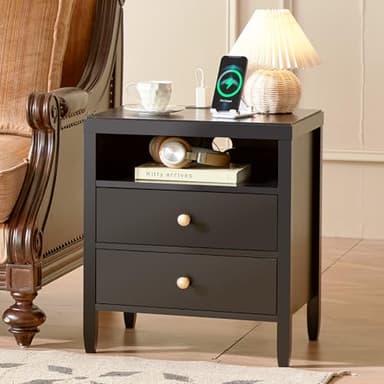 Huuger Black Nightstand Set of 2, Night Stand with Charger Station, Bedside Table with 2 Drawers, Bed Side Tables for Bedroom, Modern Nightstands, Metal Knobs, Painted Surface - Image 5