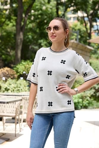 Zeagoo Sweater for Women Floral Print Summer Short Sleeve Shirts Pink Tunic Tops Color Block Comfy Loose Tops Going Out Blouses - Image 2