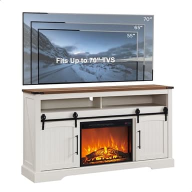 OKD Farmhouse Fireplace TV Stand for 70 Inch TV, 33" Tall Highboy Entertainment Center w/Electric Fireplace, Rustic Media Console w/Sliding Arched Door for Living Room,Antique White - Image 6
