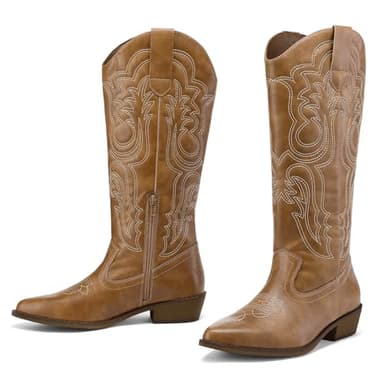 mysoft Women's Cowboy Boots Mid Calf Cowgirl Embroidered Western Pointed Toe Chunky Heel Pull On Knee High Boots - Image 2