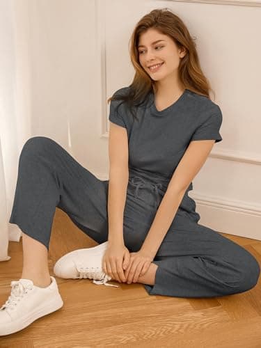 EYZH Two Piece Outfit Lounge Sets for Women, Ruched Short Sleeve Tops and High Waisted Wide Leg Pants Fashion Tracksuit Set, X-Large, Grey - Image 5