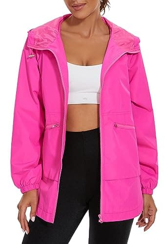 PESION Women's Waterproof Raincoat Lightweight Rain Jacket Trench Coat Hooded Windbreaker With Pockets for Outdoor, Hot Pink, Small - Image 2