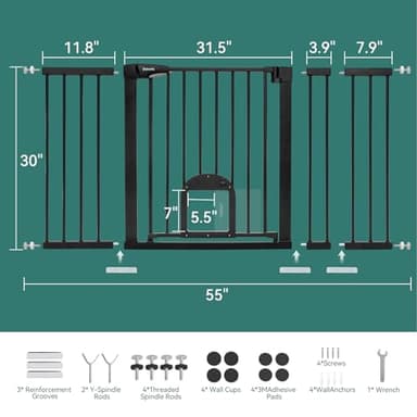 Babelio 31.5-55" Extra Wide Baby Gate with Cat Door, Auto Close Durable Dog Gate Indoor, Pressure Mounted Baby Gates for Stairs, Doorways, Includes 4 Wall Cups and 3 Extension Pieces, Black - Image 6