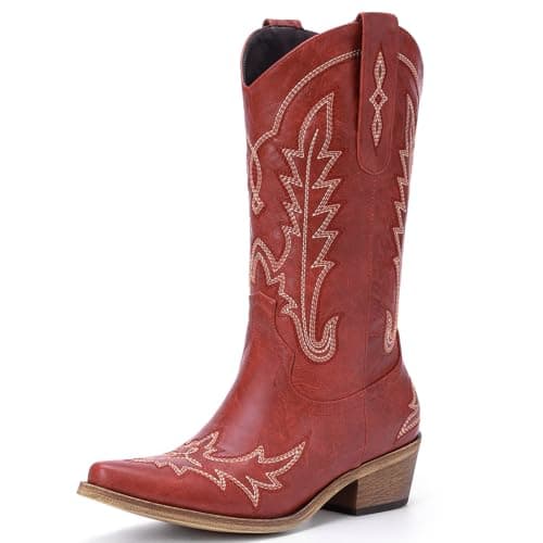Rivalran Red Cowboy Boots for Women - Cowgirl Boots with Embroidery, Chunky Heel Pointed Toe Pull-on Vintage Western Mid Calf Fashion Boots for Ladies US Size 7 - Image 1