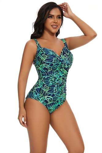 Aqua Regina Plus Size Swimsuit for Women One Piece Bathing Suit Ruched Tummy Control Adjustable Swimwear(G/Tropical Leaf,L) - Image 3
