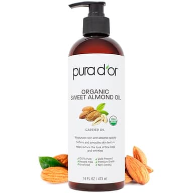 PURA D'OR 16 Oz ORGANIC Sweet Almond Oil - 100% Pure & Natural USDA Certified Cold Pressed Carrier Oil For DIY Beauty - Non-Greasy, Unscented, Hexane Free Moisturizer - Massage Oil For Hair & Skin - Image 1