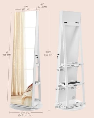 SONGMICS 6 LEDs Lockable Mirror Jewelry Cabinet, 360° Swivel Jewelry Organizer Armoire Standing, Frameless Full-Length Mirror, 3 Storage Shelves, White Surface, Black Lining UJJC007W01 - Image 6