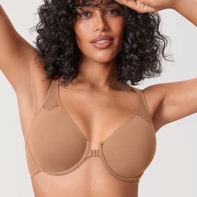 DELIMIRA Women's Front Closure Racerback Bras Plus Size Full Coverage Supportive Underwire Plunge Unlined Bra Gravel Beige 34F - Image 3