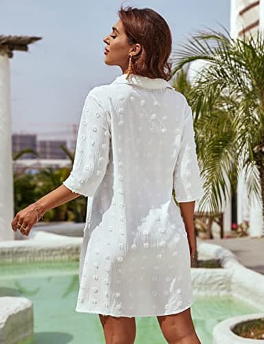 Blooming Jelly Womens Bathing Suit Coverups White Swiss Dot Beach Swim Cover Up Shirt Dress(Medium, White) - Image 4